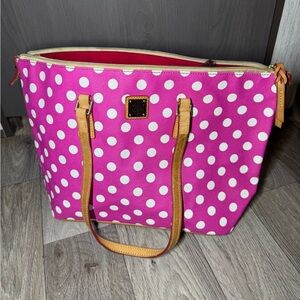 Dooney & Bourke Tote Bag Pink White Polka Dot Shopper Vachetta Leather Trim